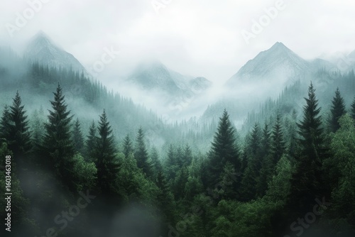 AI produced a mountain forest scene with high, mystical trees set against a grim, foggy background