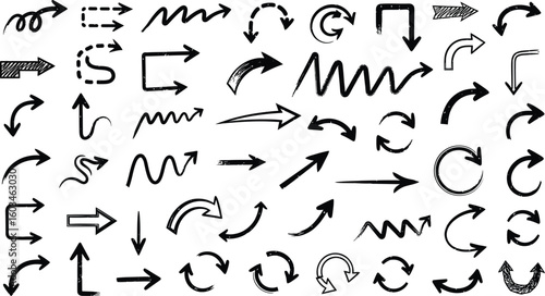 Vector art of a diverse collection of handdrawn arrow illustrations, isolated on white background, showcasing various directions, styles, and shapes for use in graphic design and wayfinding