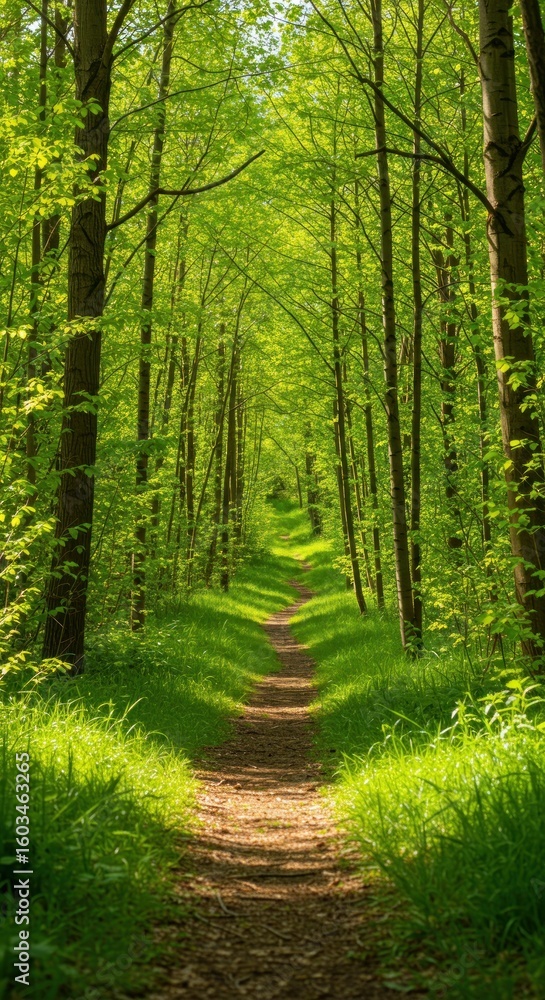 Naklejka premium Sunlit path through lush green forest