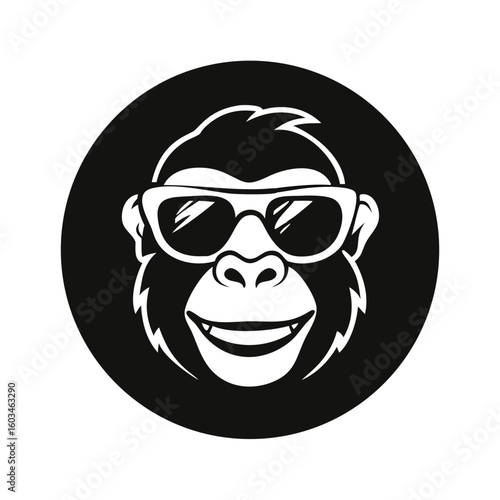 Stylized smiling monkey, ape or gorilla head wearing black sunglasses - outline cut out vector silhouette on dark background
