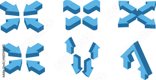 Vector art of a set of 3d isometric arrow icons isolated on white background, indicating direction, expansion, and contraction in a user interface