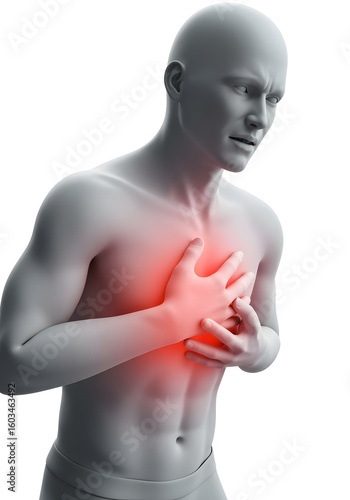3D rendering of a man experiencing intense chest pain, possibly a heart attack