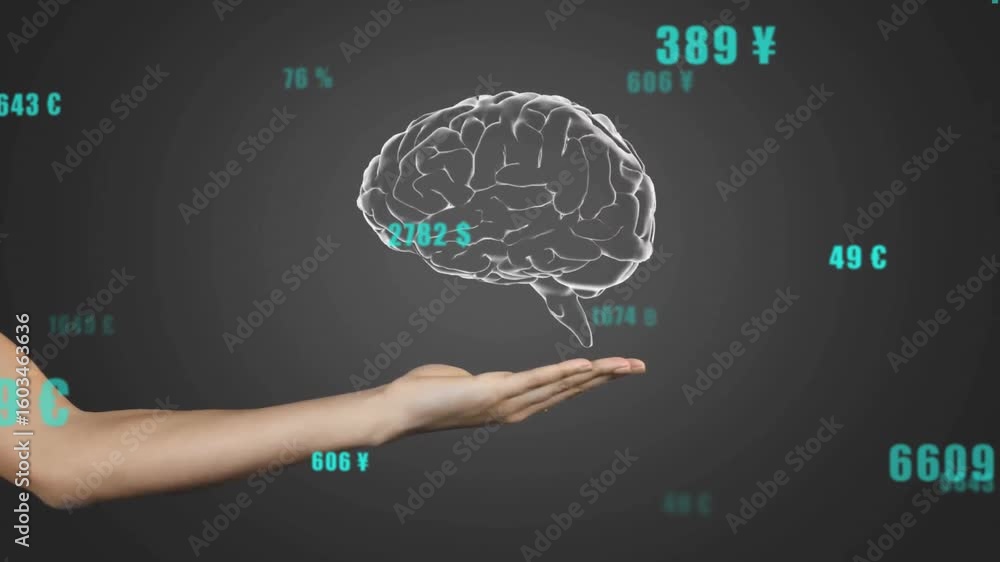 Background filling causing numbers floating then hand holding rotating wireframe brain showing data