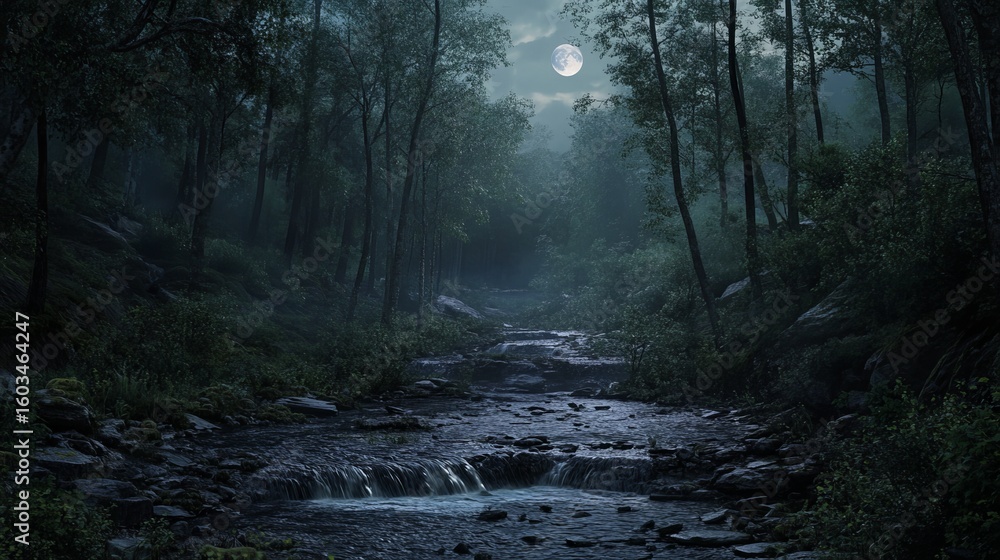 Obraz premium A Halloween-themed setting provides the backdrop for a mystical forest, where a moonlit path winds through the fog