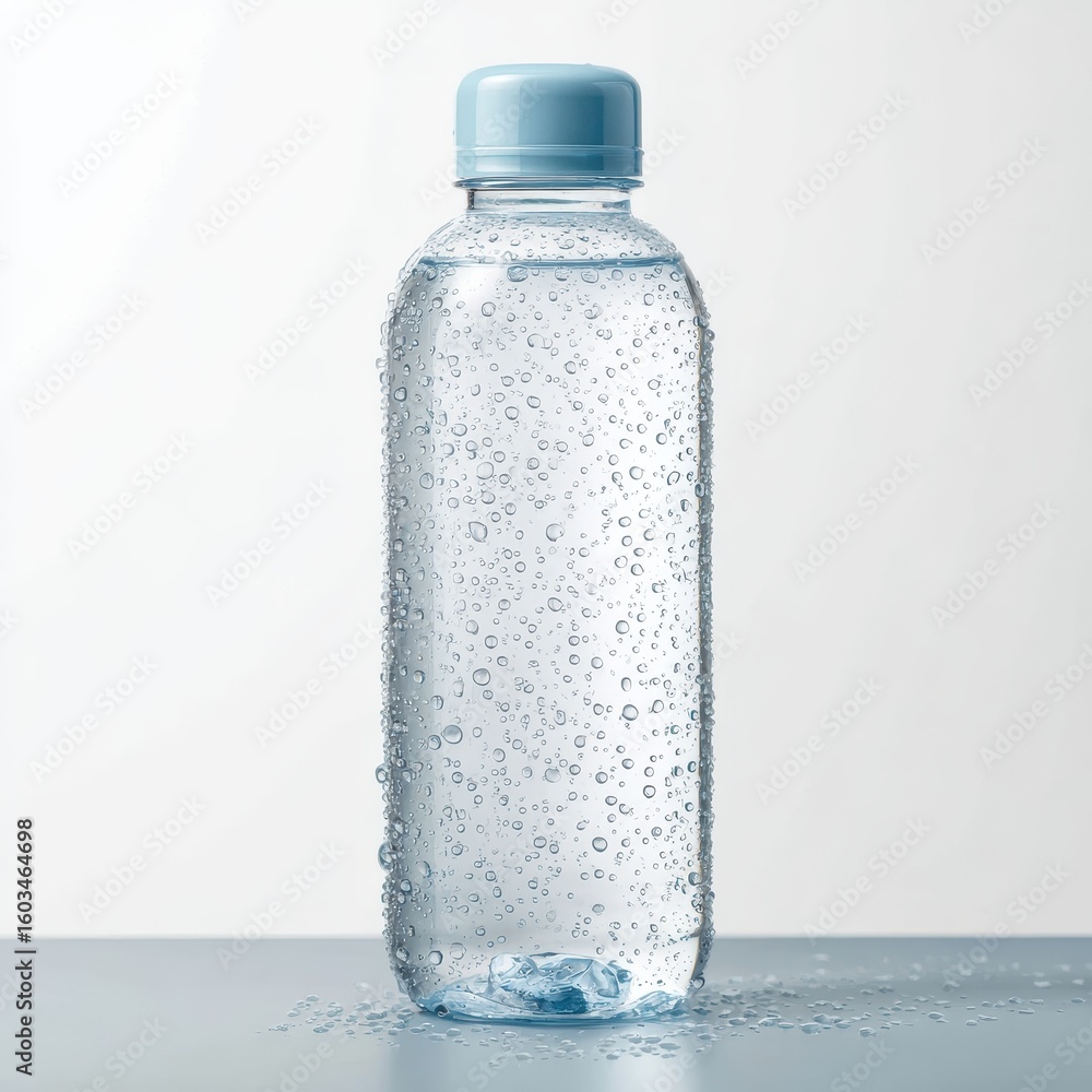 A water bottle with water droplets on it A water bottle with water droplets on it