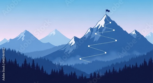 A winding dotted path leads to the summit of a snowcapped mountain topped with a flag symbolizing achievement and adventure