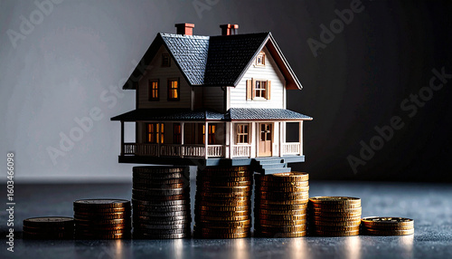 Upside Down House Model Balancing on Coin Stack. Economy Concept. Generated Image