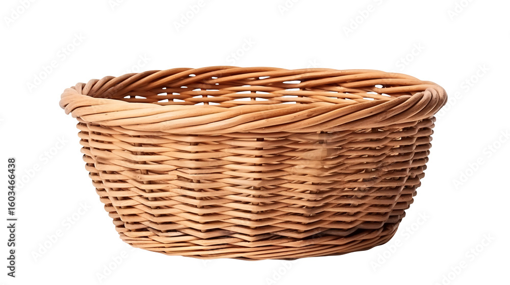 A simple woven wicker basket isolated on a transparent background A simple woven wicker basket isolated on a transparent background