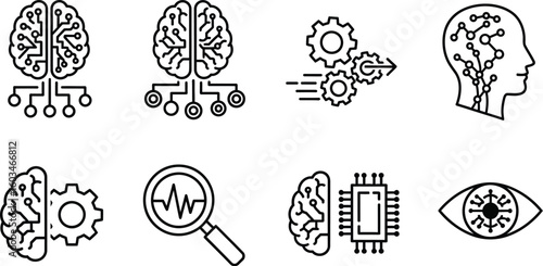 Vector art of a series of line art icons symbolizes artificial intelligence, machine learning, and related concepts, featuring brains, circuits, gears, and other technological elements