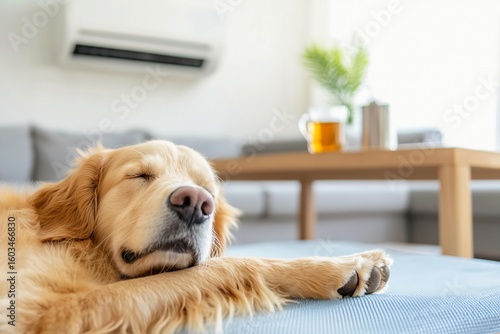 Golden Retriever Relaxing in Air-Conditioned Room
