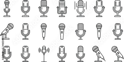 Vector art of a diverse collection of microphone icons isolated on white background, showcasing various styles and designs for audio recording and broadcasting