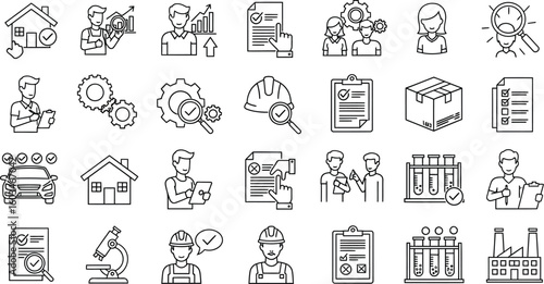 Vector art of a comprehensive set of quality control icons isolated on white background, representing various aspects of business management and inspection processes