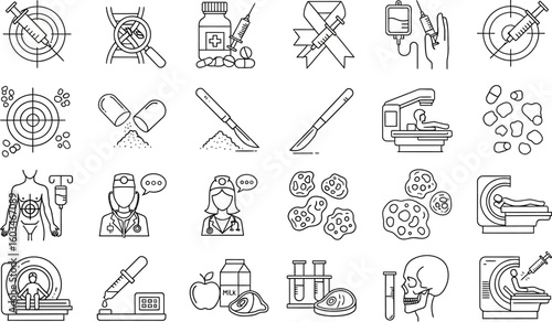 Vector art of a collection of line art icons representing cancer treatment, medical procedures, and healthcare elements isolated on white background