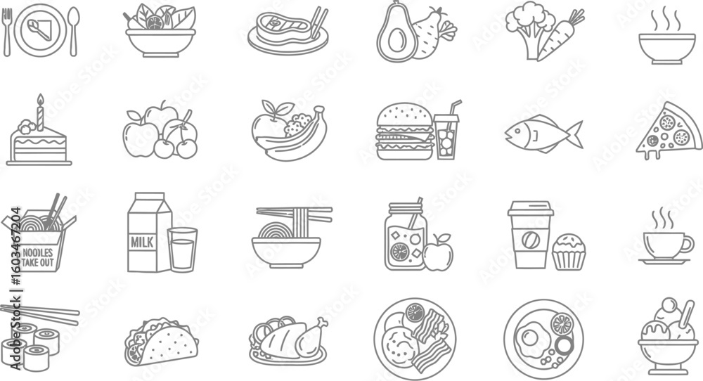 Fototapeta premium Vector art of a set of line art icons representing various food and drink items