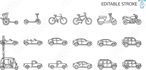 Vector art of a collection of line art icons depicting various modes of transportation including cars, bikes, and motorcycles