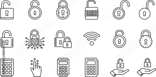 Vector art of a set of line art icons representing security, locks, and payment terminals isolated on white background