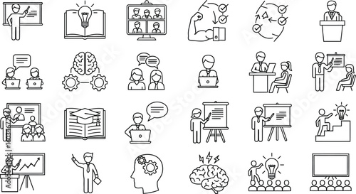 Vector art of a collection of line art icons representing education, business meetings, and training sessions