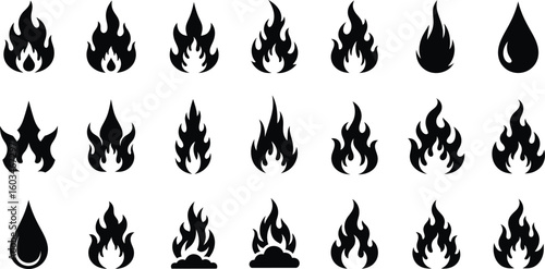 Vector art of a collection of fire and flame icons isolated on white background represents heat, energy, and danger