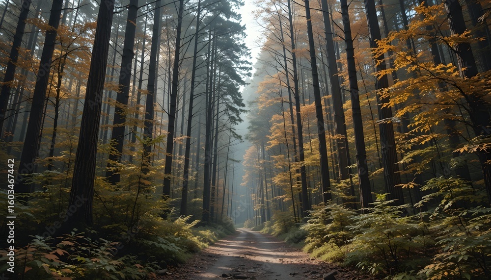 Obraz premium Serene Forest Path Surrounded by Tall Trees and Vibrant Autumn Colors, Inviting Peaceful Walks, Nature Exploration, and Seasonal Adventure in a Tranquil Woodland