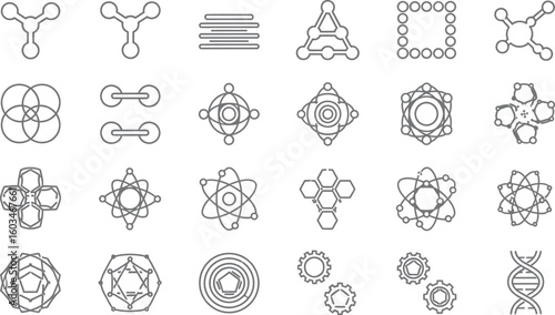 Vector art of collection of molecule and atom line art icons isolated on white background representing scientific research and technological innovation