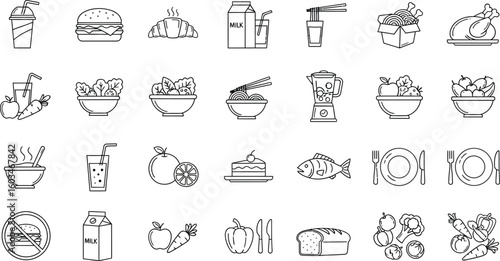 Vector art of a collection of food and drink icons isolated on white background showcases healthy meals, restaurant menus, and nutritional choices