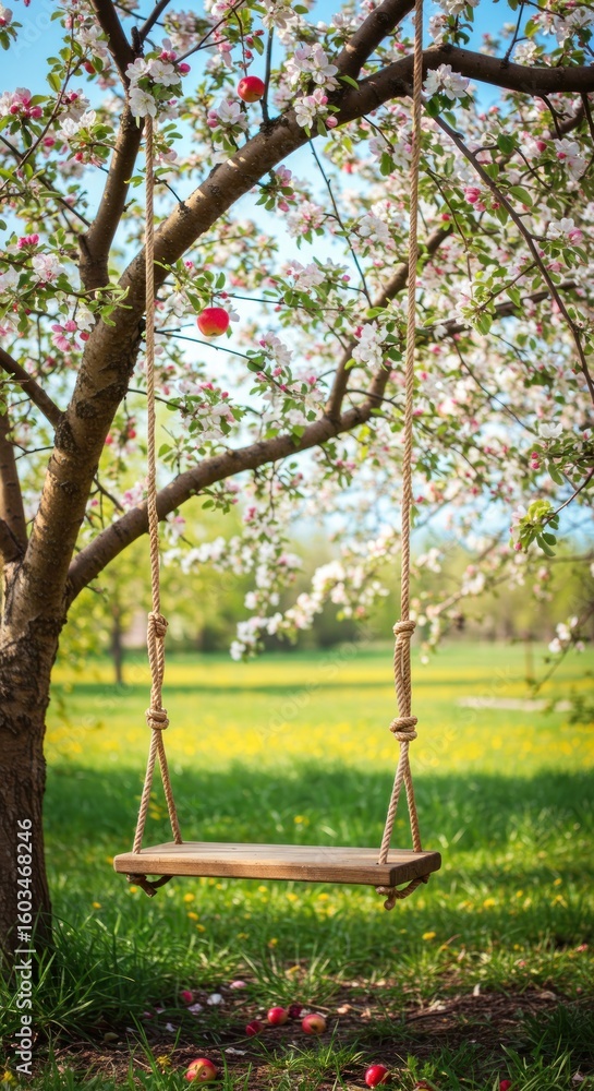 Naklejka premium Rustic swing beneath blooming tree