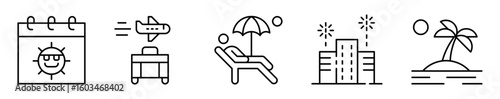 Conjunto de iconos de vacaciones y feriado. Descanso planificado y celebraciones. Calendario festivo, viaje en avión, descanso en la playa, evento y verano. Ilustración vectorial 