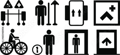 Collection of ten black vector icons depicting people and signs on a white background