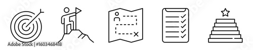Conjunto de iconos de metas y objetivo. Logros, planificación y éxito. Enfoque, progreso, adaptación, automatización de tareas y prioridades.  