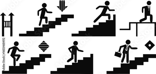 Collection of black silhouette icons depicting people climbing stairs and abstract shapes