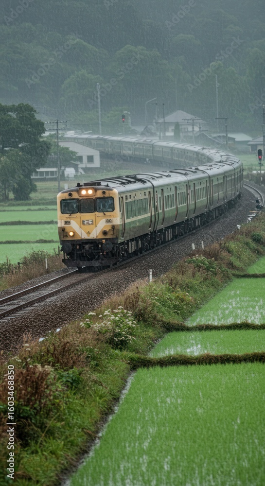 Fototapeta premium Rainy day train in rural Japan