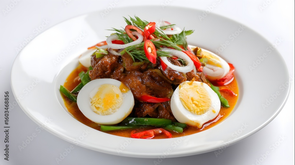 Traditional Malaysian dish presented neatly on white plate with rice, sambal, and assorted sides.
Traditional Malaysian dish presented neatly on white plate with rice, sambal, and assorted sides.