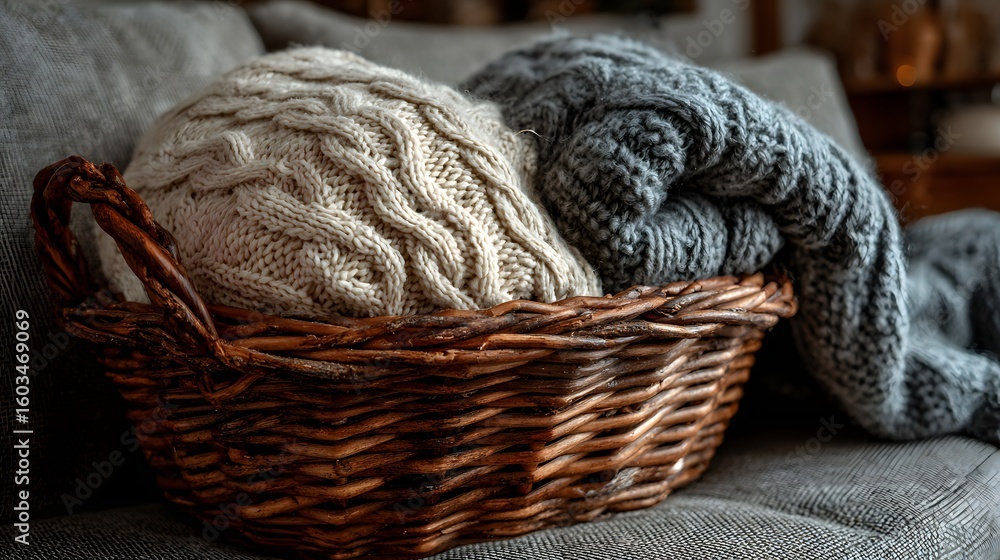 Obraz premium Knitted sweaters in a wicker basket.