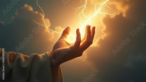 A hand reaching up towards lightning in a cloudy sky with a bright golden glow illuminating the scene jesus hand !!