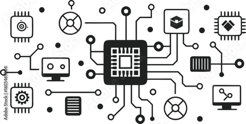 Black circuit board icons with central processor and connected components on white background