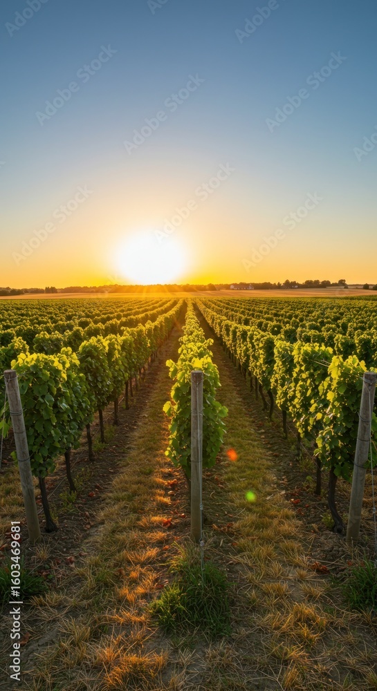 Fototapeta premium Vineyard rows at sunset
