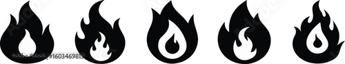 Five black stylized flame symbols on white background fire icon