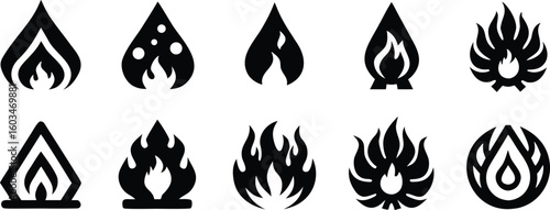 Ten unique black fire flame symbols in a row on white background icon heat