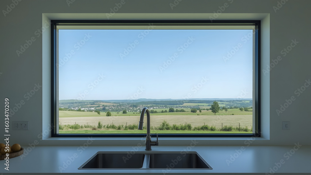 Fototapeta premium A modern kitchen interior with a large window framing a scenic landscape view.