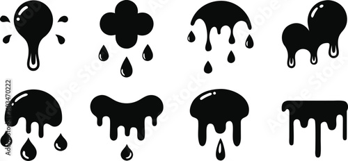 Collection of eight black liquid drip icons with glossy highlights on white background