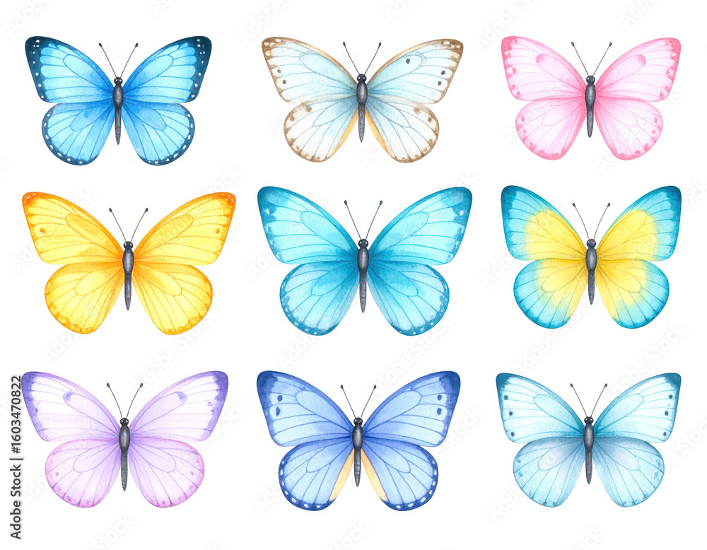 Obraz premium Watercolor Butterflies Collection on Transparent Background Depicting Colorful Winged Insects with Pastel Hues and Delicate Details for Artistic Illustration