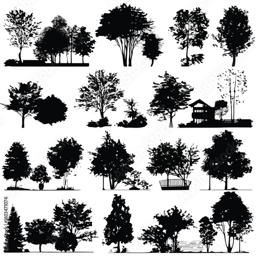 vector illustration of bush silhouette set, Black & White silhouette set