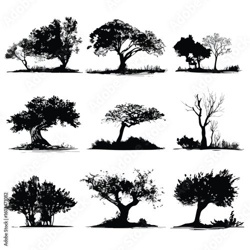 vector illustration of bush silhouette set, Black & White silhouette set