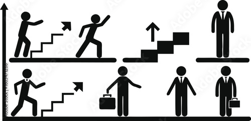 Black stick figure business people climbing stairs and standing with briefcases businessman