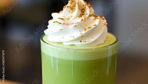 A bright green matcha smoothie in a tall glass, topped with whipped cream. Close-up shot, clearly showing the layers of matcha and whipped cream. A refreshing cafe-style atmosphere.