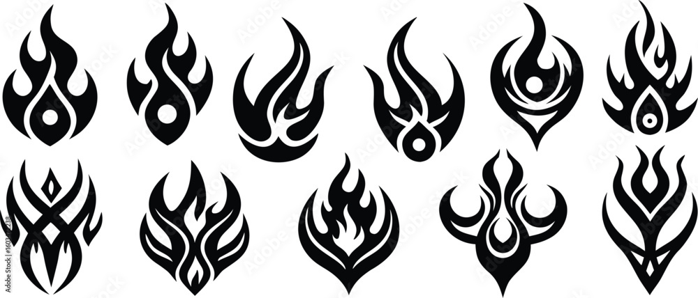 Naklejka premium Ten black tribal flame glyph icons with bold strokes on white background vector
