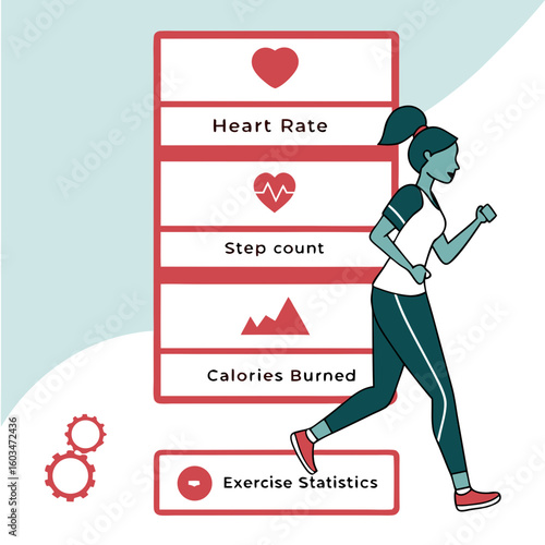Modern fitness tracker mobile UI vector showing heart rate, step count, calories burned, and exercise statistics.

