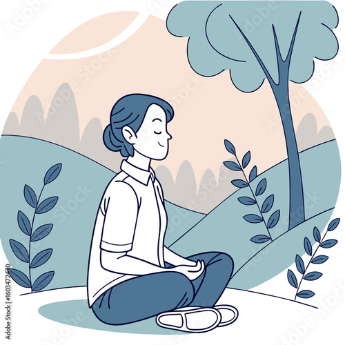 Mindfulness and Meditation Scene with  calm person meditating with nature or abstract background.




