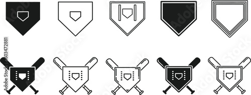 Vector art of a collection of baseball icons featuring home plates and bats isolated on white background, presented in both solid and outlined minimalist designs