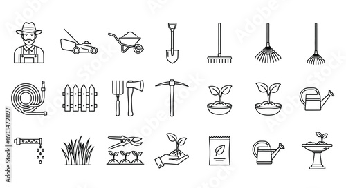 Vector art of a set of line art icons depicting various gardening tools and equipment isolated on white background